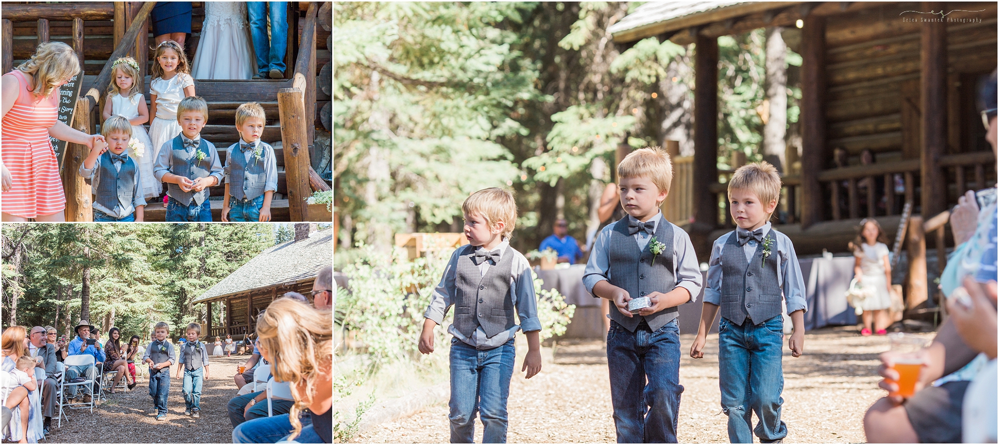 The ring-bearers walking down the aisle at this rustic Oregon lodge wedding in Bend. 