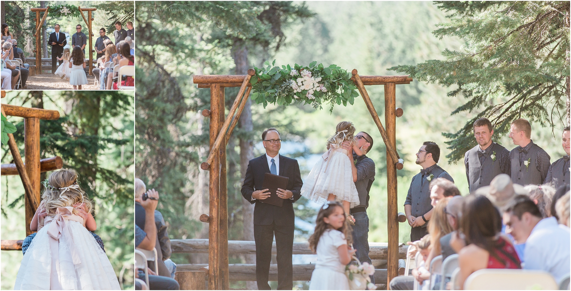 The flower girl races down the aisle towards her daddy at Skyliner's Lodge in Bend, OR. 