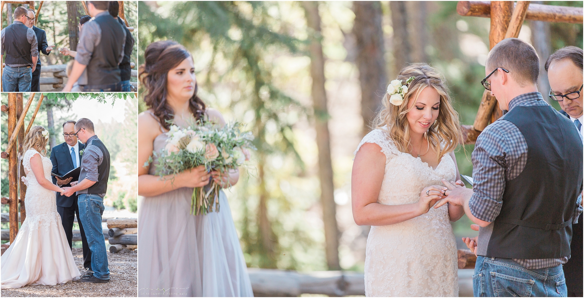 Exchanging of the rings during the outdoor ceremony at this Bend, Oregon wedding venue. 