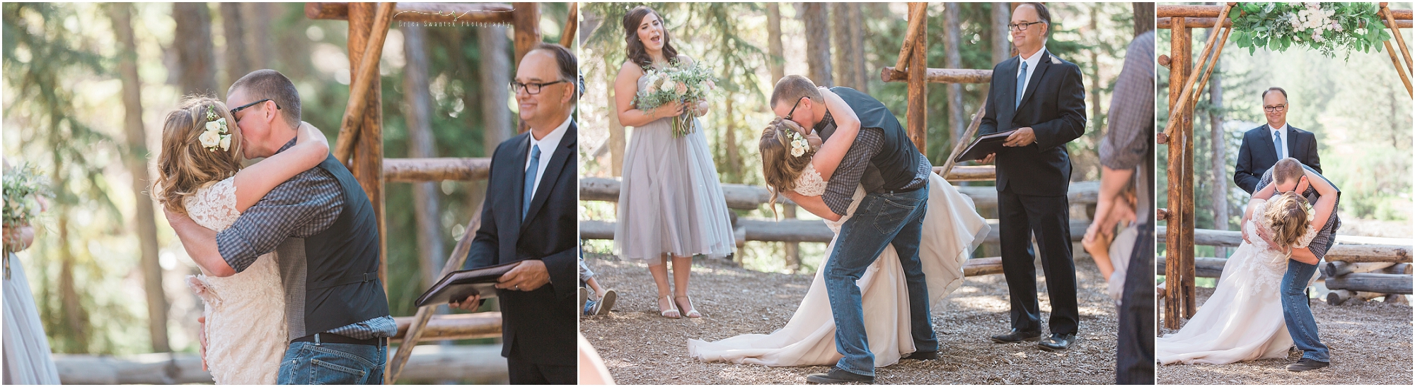 A super romantic first kiss at this gorgeous outdoor Oregon lodge wedding in Bend, OR. 