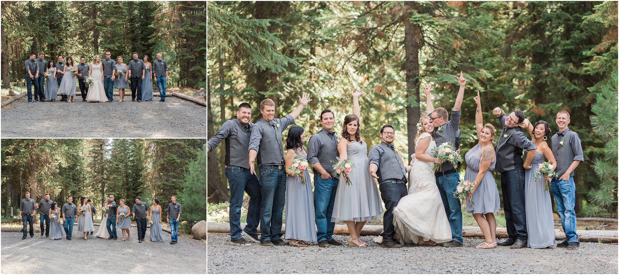A fun bridal party photo from this rustic Oregon lodge wedding in Bend. 