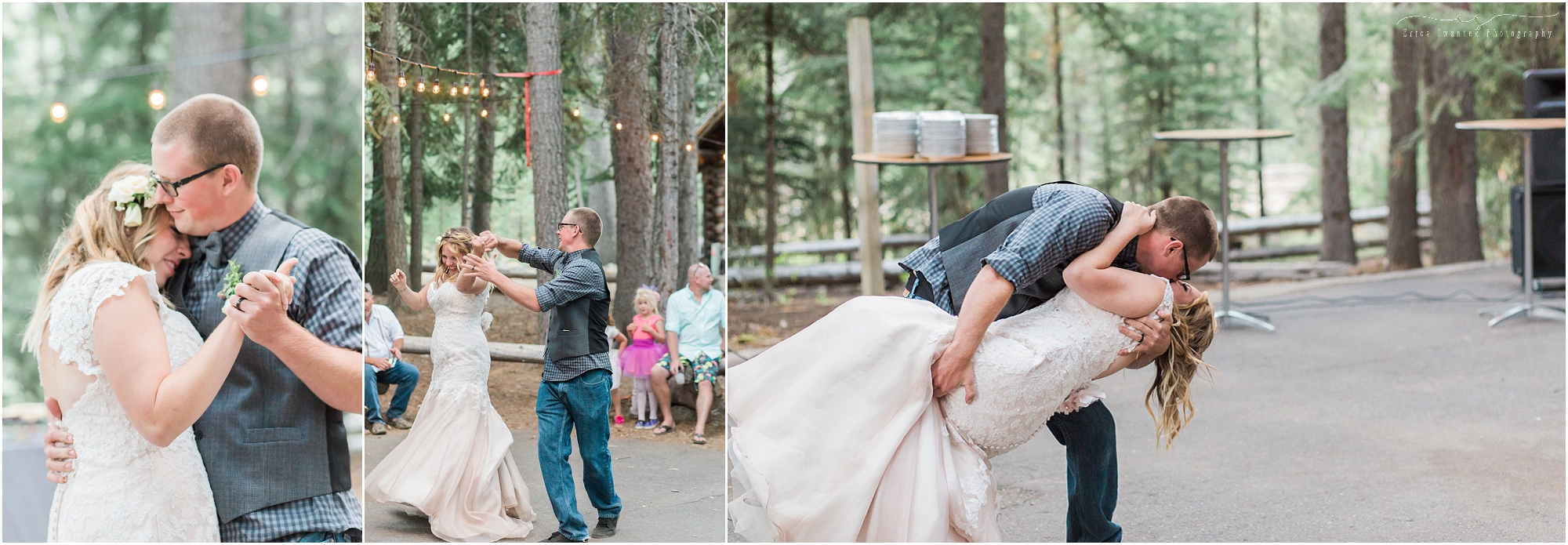 An outdoor wedding reception at Skyliner's Lodge in Bend, with dancing under the setting sun. 