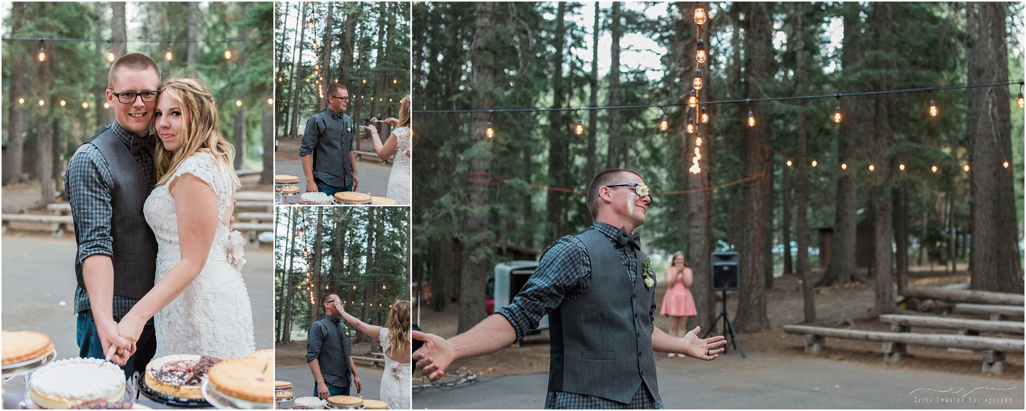 A bride and groom smash pie into each other's faces at this outdoor rustic Oregon lodge wedding near Bend, Oregon. 