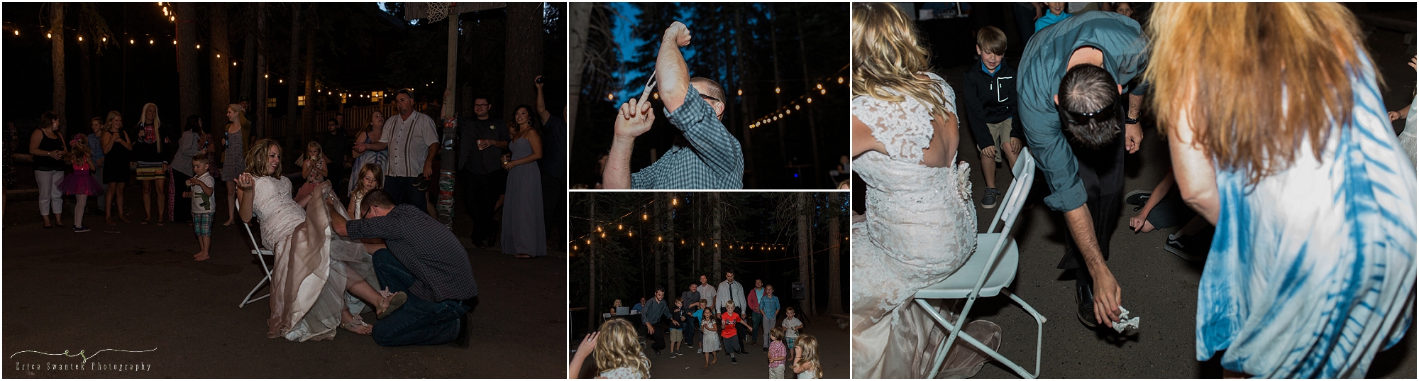 The groom tosses the garter at the Central Oregon wedding venue near Bend. 