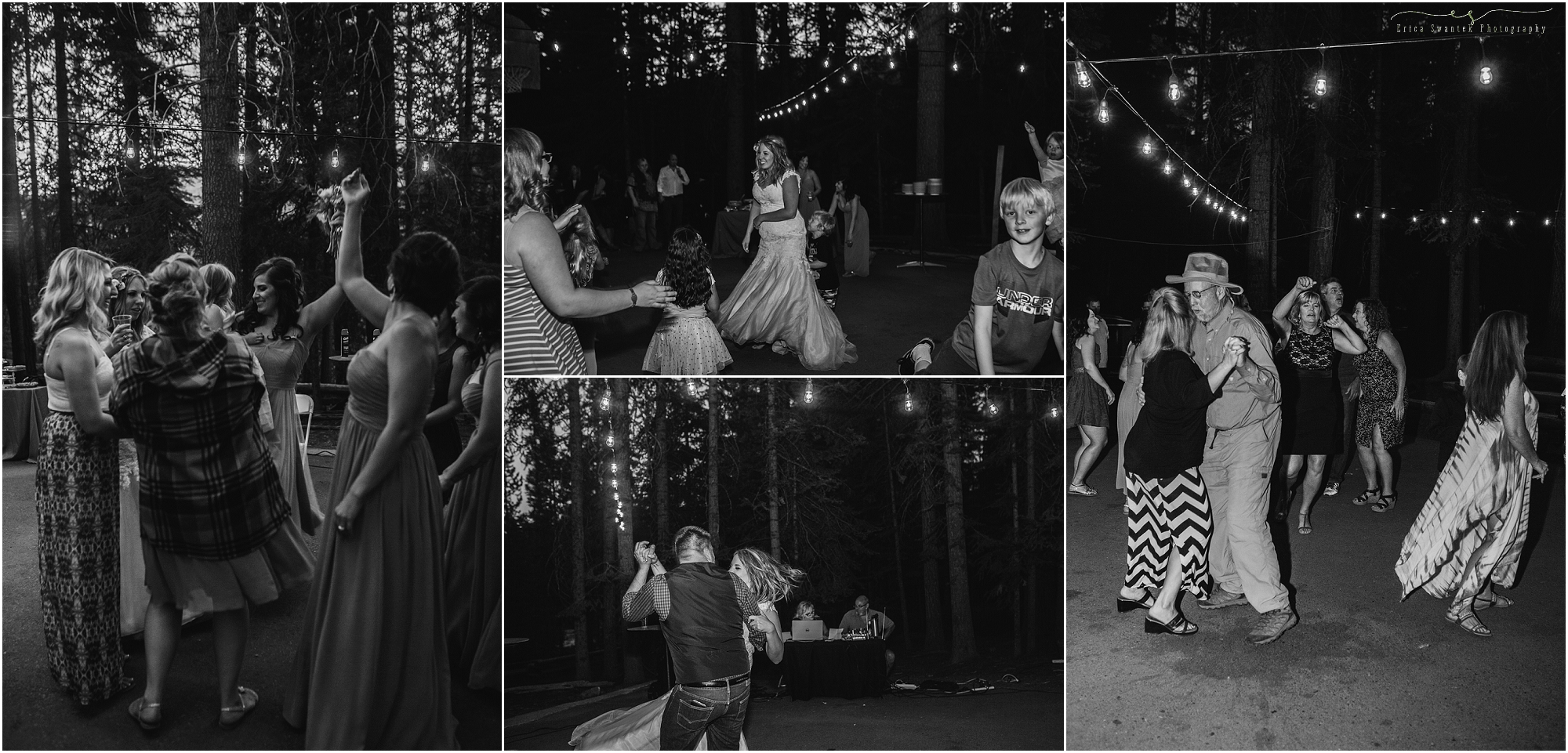 Outdoor Oregon wedding dance floor under the warm August summer night at Skyliner's Lodge in Bend. 