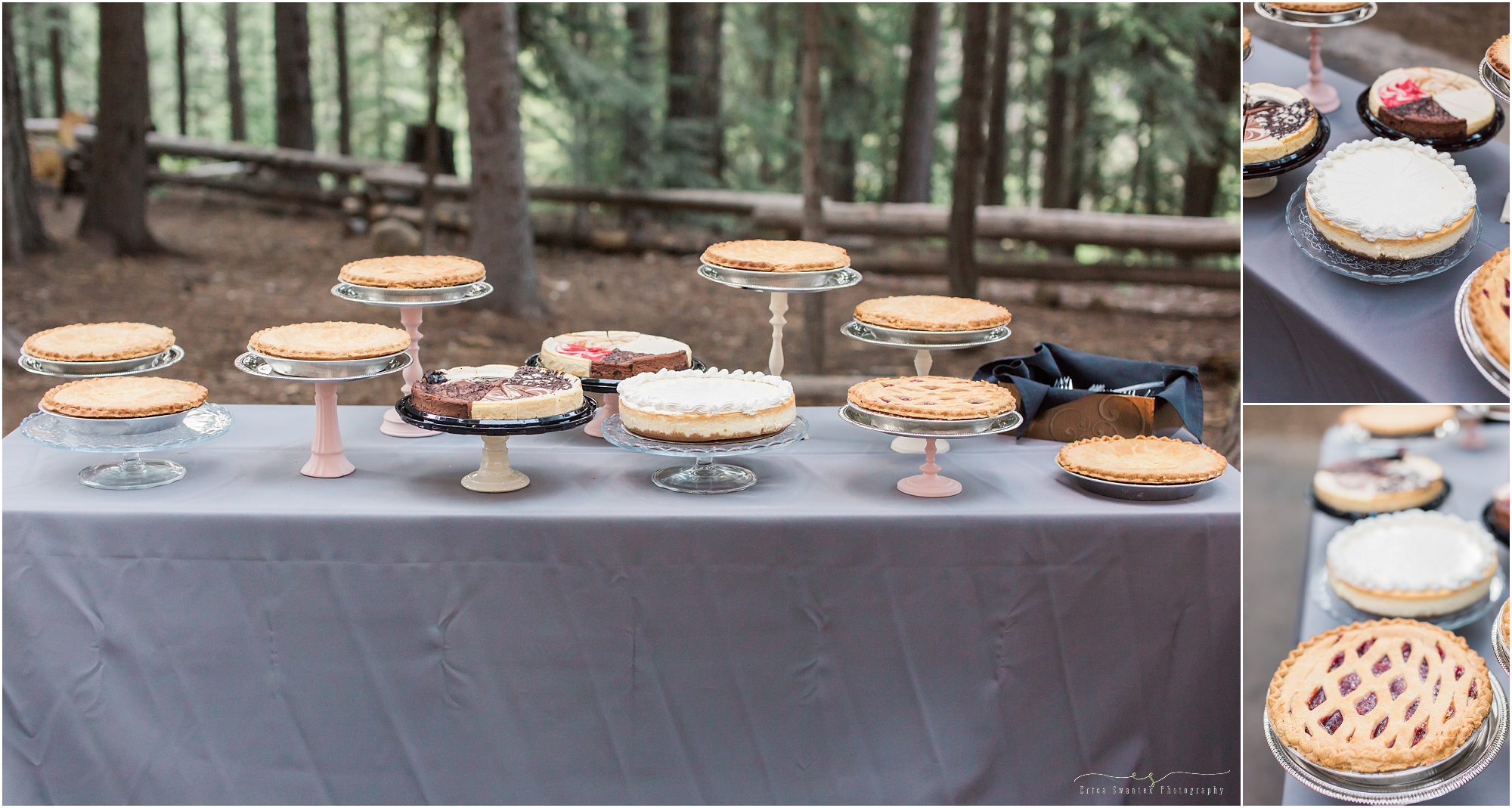 Pies instead of a traditional wedding cake at this Bend, Oregon wedding at Skyliner's Lodge. 
