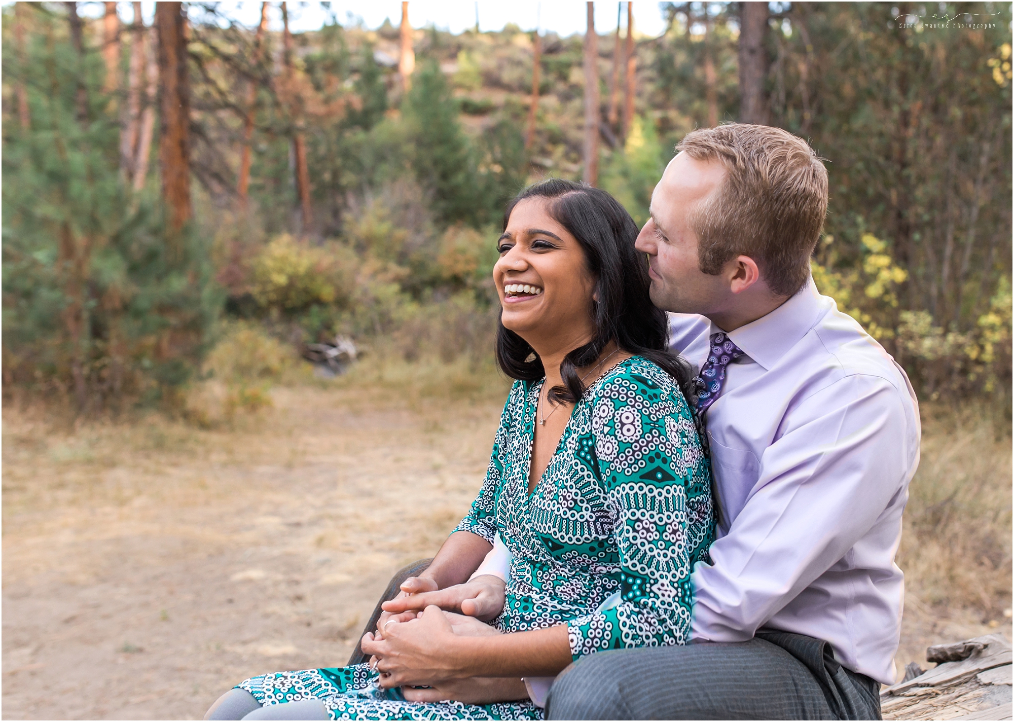 A beautiful couple laughs at their fall engagement session in Bend, OR. 