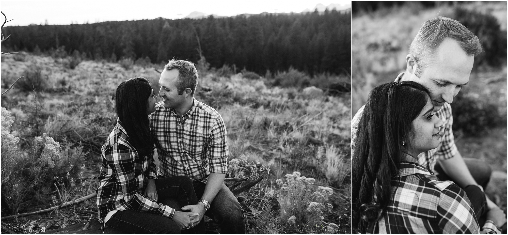A beautiful moody black and white engagement photo at Shevlin Park in Bend, Oregon. 