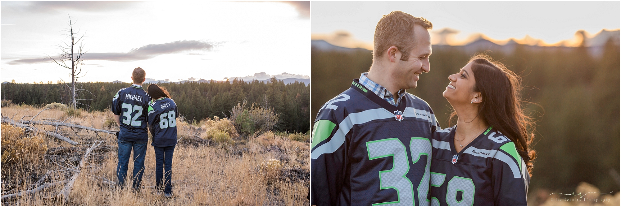 A cute engagement photo session with Seattle Seahawks jersey's in Shevlin Park, Bend, OR. 
