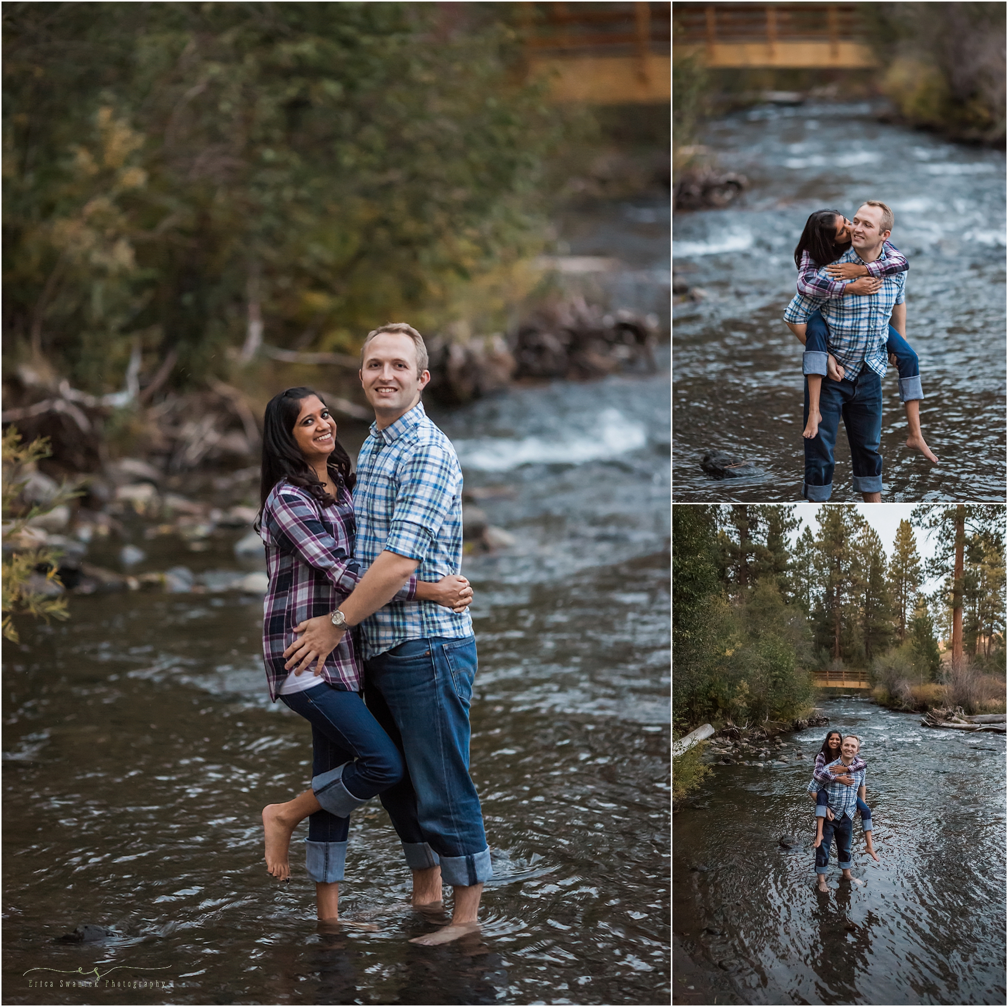 An icy cold mountain creek is the perfect spot for a fall Shevlin Park engagement photography session by Bend, OR wedding photographer Erica Swantek Photography. 