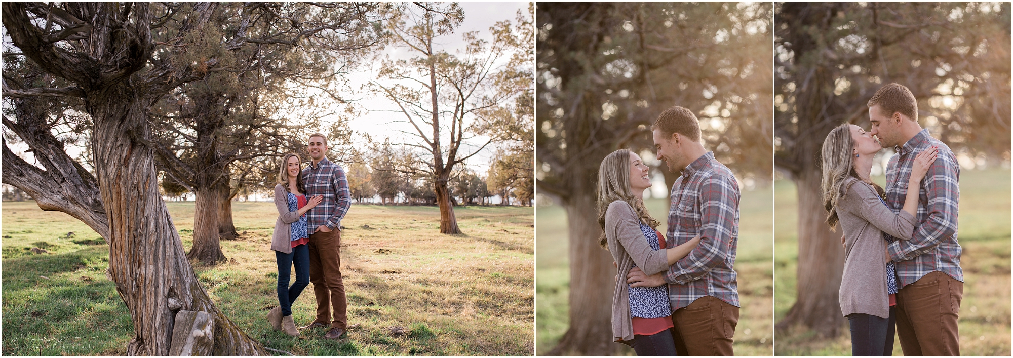 Gorgeous winter light peeking through the juniper trees of this Central Oregon outdoor engagement photography session. 
