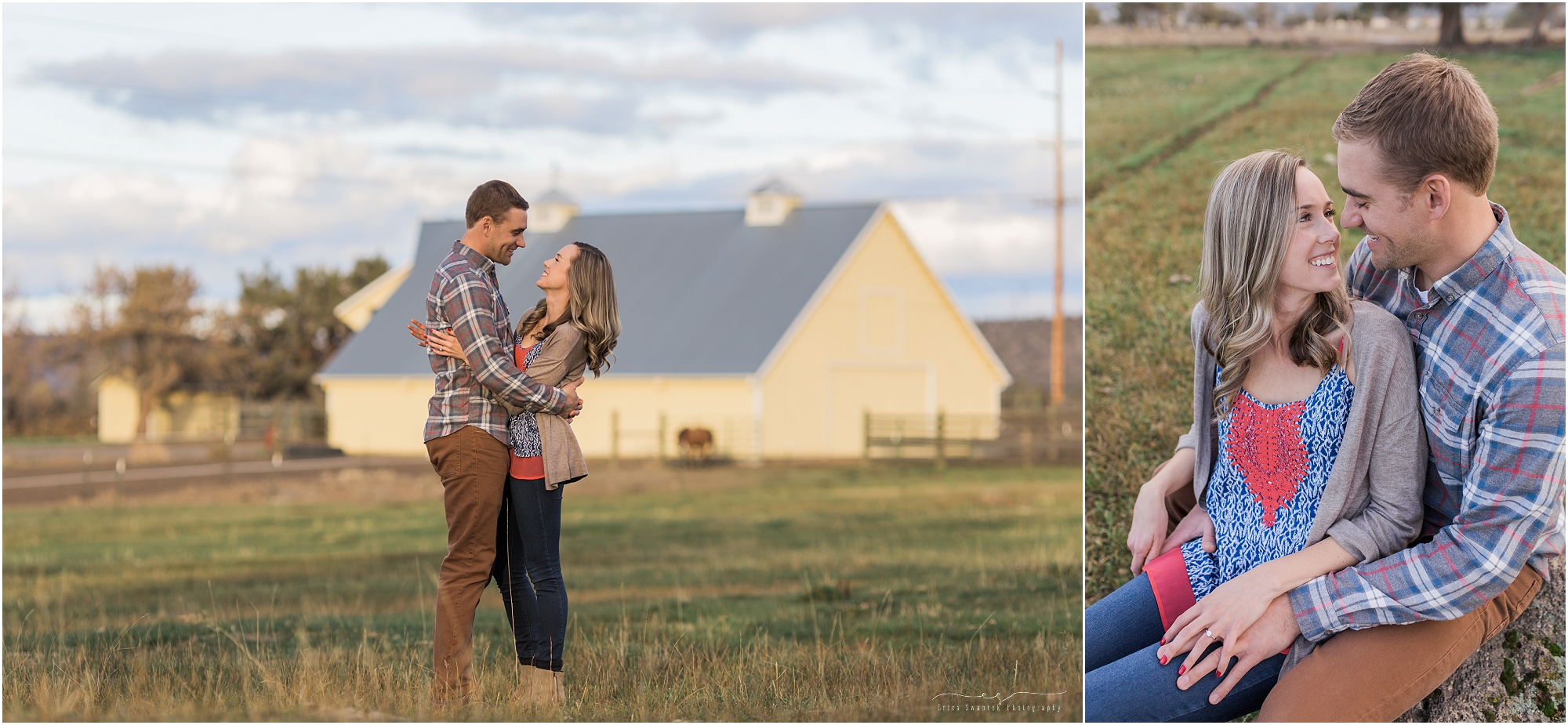 A stunning view of the barn lit up in the late fall's golden light. at this Powell Butte ranch lifestyle engagement session in Central Oregon. 