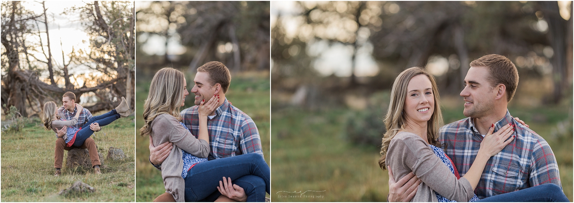 An outdoor lifestyle engagement session at a ranch in Powell Butte, OR with juniper trees, green grass and a beautiful engaged couple. 