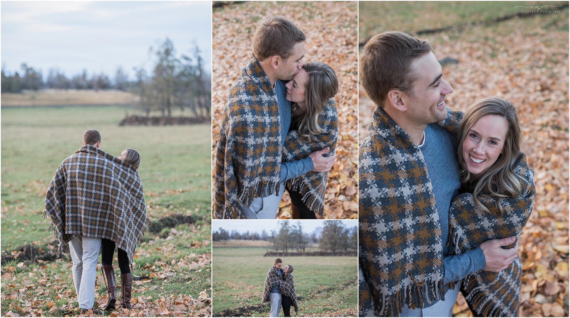 An engaged couple snuggles under a blanket for their outdoor ranch engagement photo session in Bend, Oregon. 
