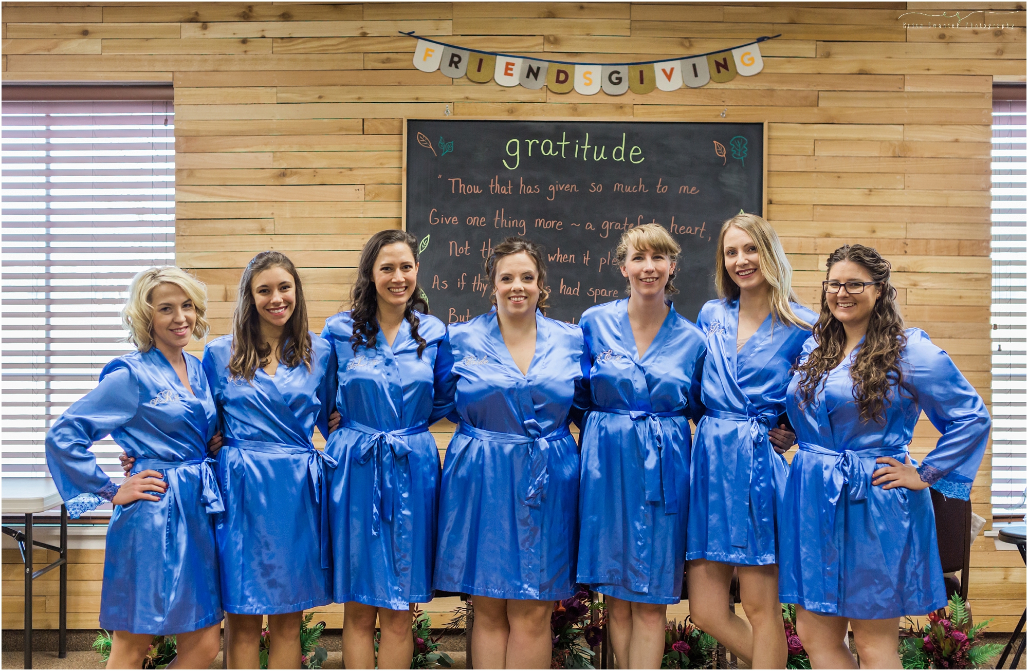 A bride and her bridesmaids in their matching robes as they get ready at Bend, Oregon's Seventh Day Adventist Church. 