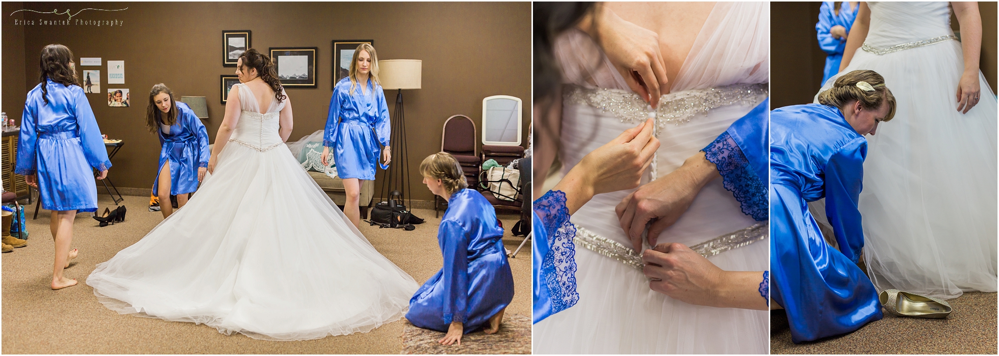 A gorgeous bride adorns her beautiful ballgown as her bridesmaids help button her in at this winter woodland wedding in Central Oregon. 