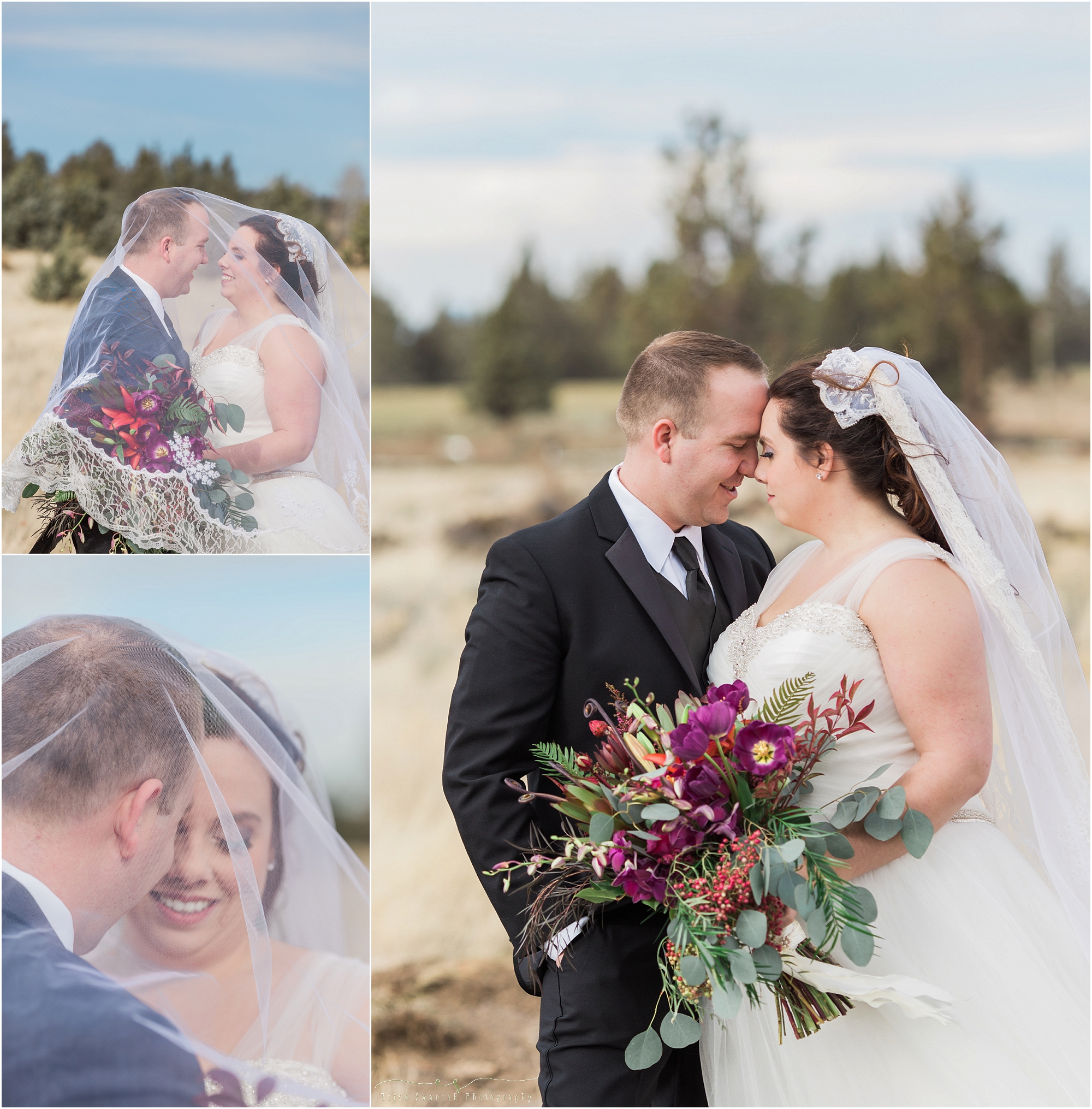 Gorgeous bride and groom under the bride's full length veil in this outdoor portrait at Bend's Seventh Day Adventist Church. 