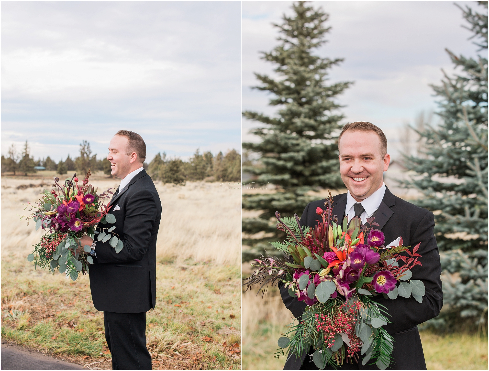 A groom carries his bride's bouquet from Donner Flower Shop in Bend, OR. 