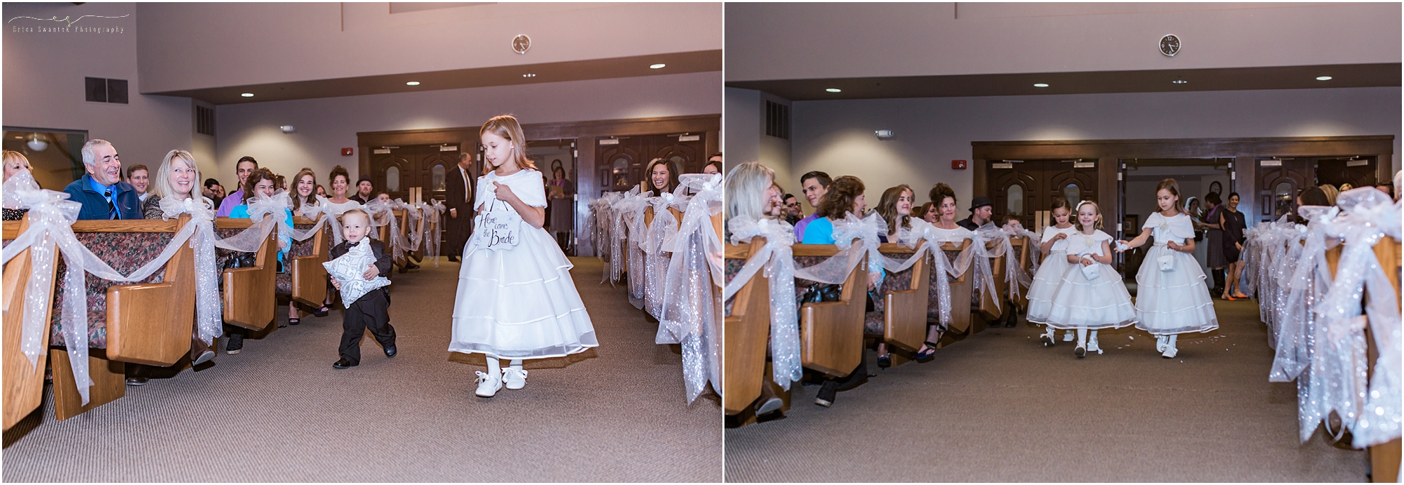 Flower girls and the ring bearer walk down the aisle at the Seventh Day Adventist Church in Bend, OR for this winter woodland wedding. 