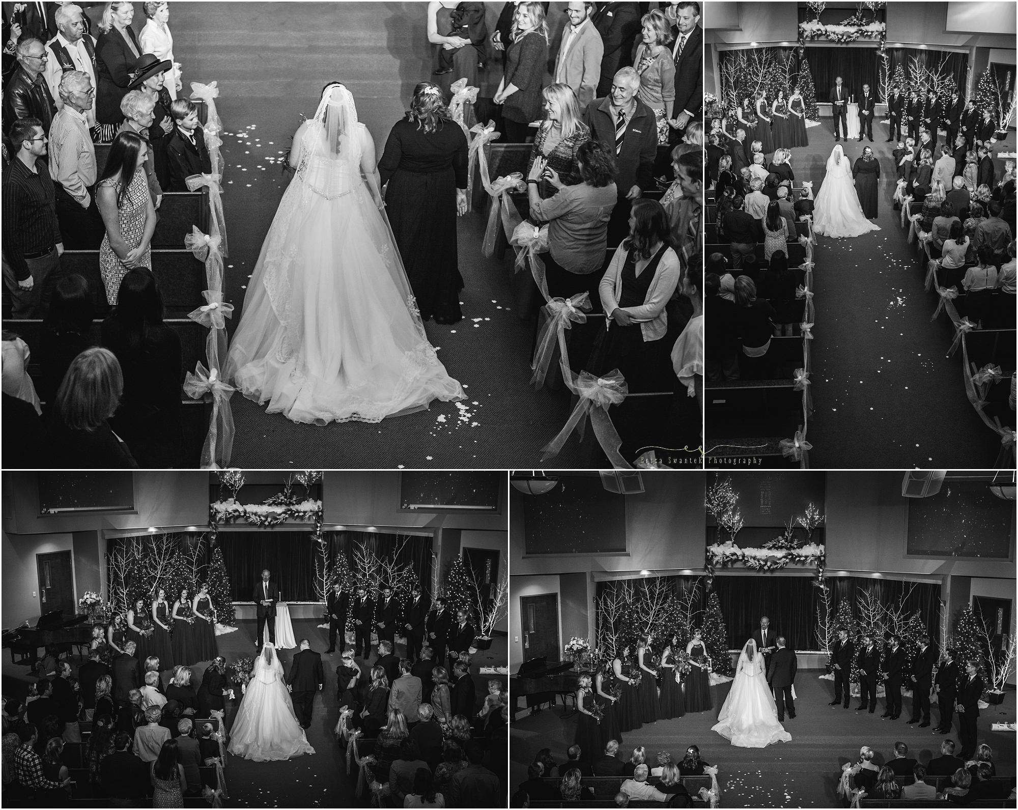 A gorgeous bird's eye view of the bride walking down the aisle at the Seventh Day Adventist church in Bend, OR. 