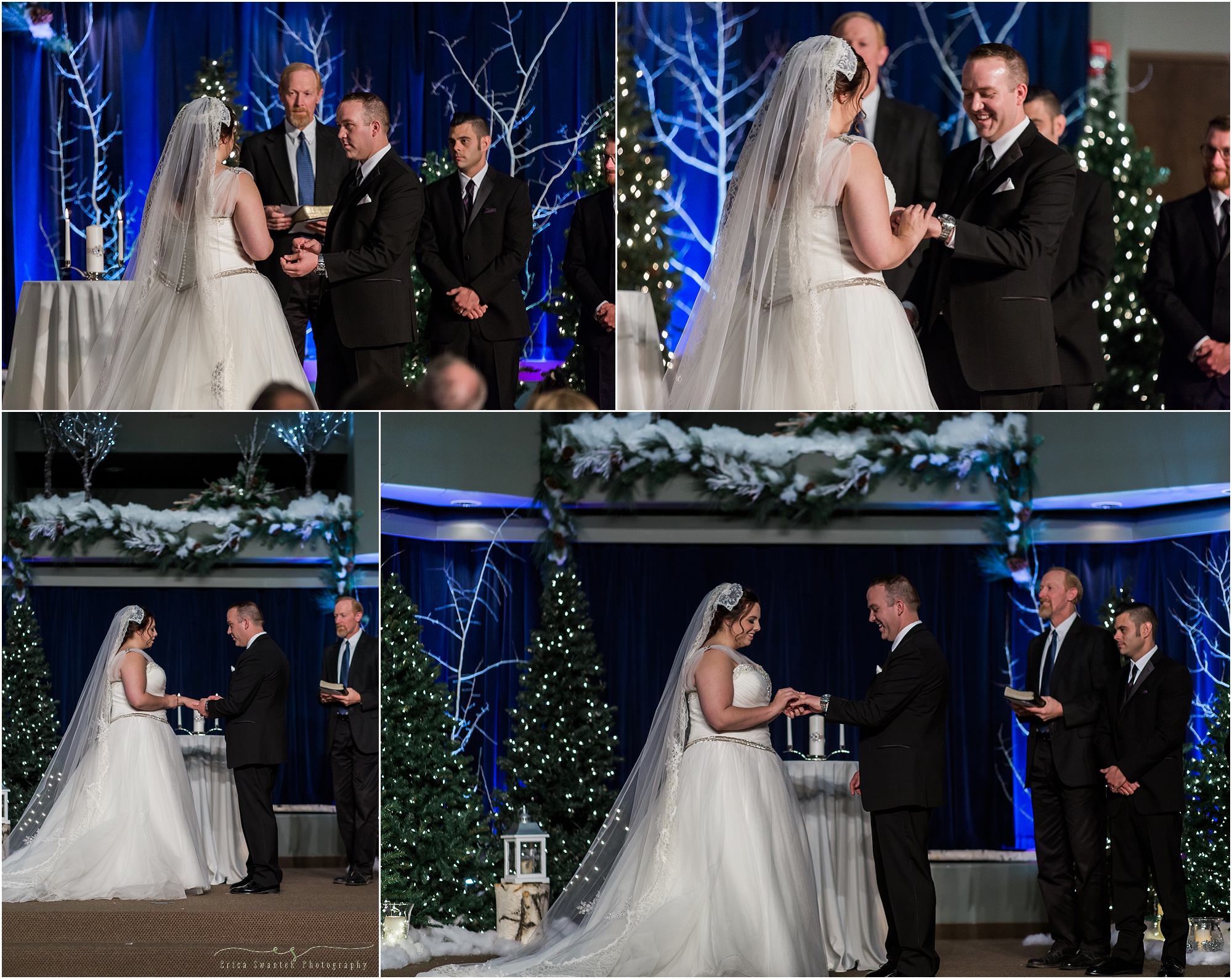 The exchange of the rings at this beautiful winter woodland wedding in Bend, OR. 