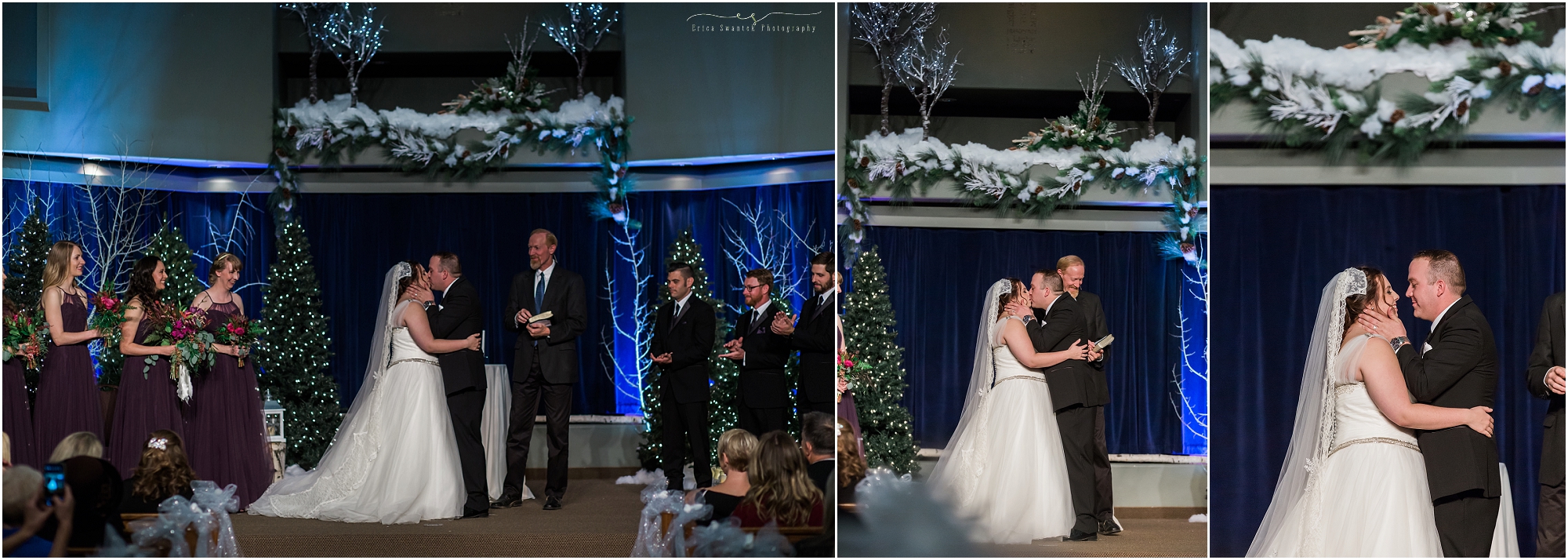 A gorgeous capture of the wedding kiss at this winter woodland wedding in Bend, OR. 
