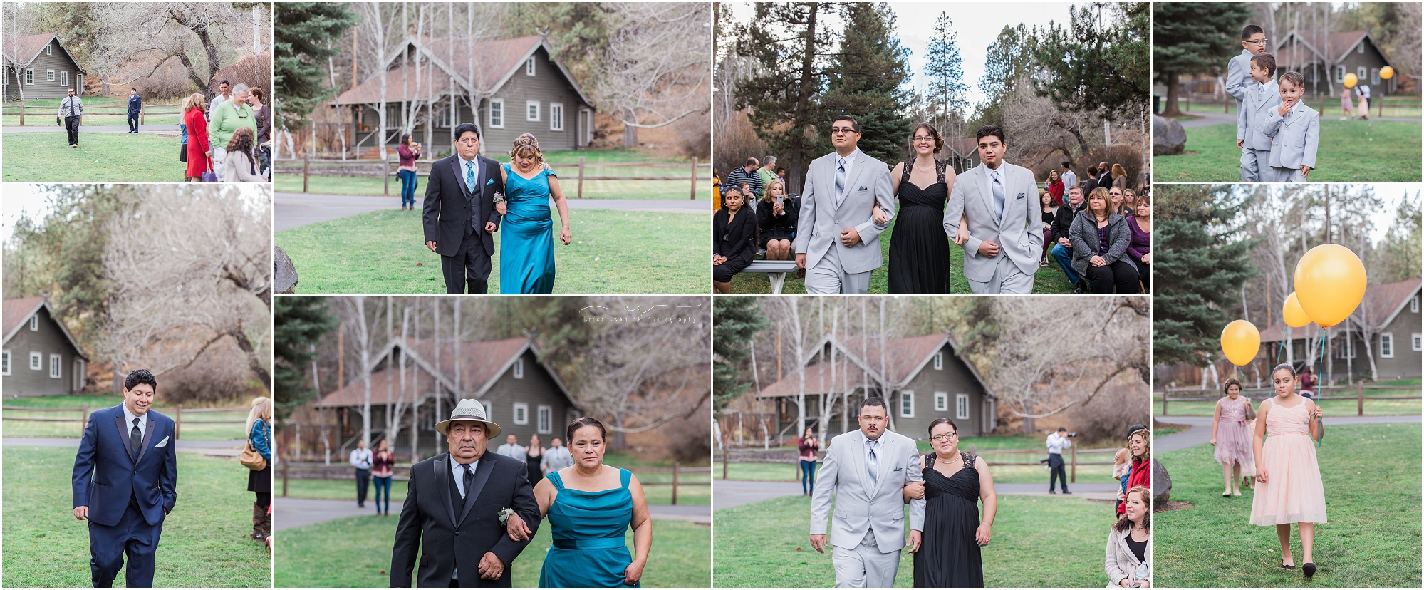 A beautiful wedding processional with family members walking down the grass in this aspen hall outdoor Oregon wedding. 
