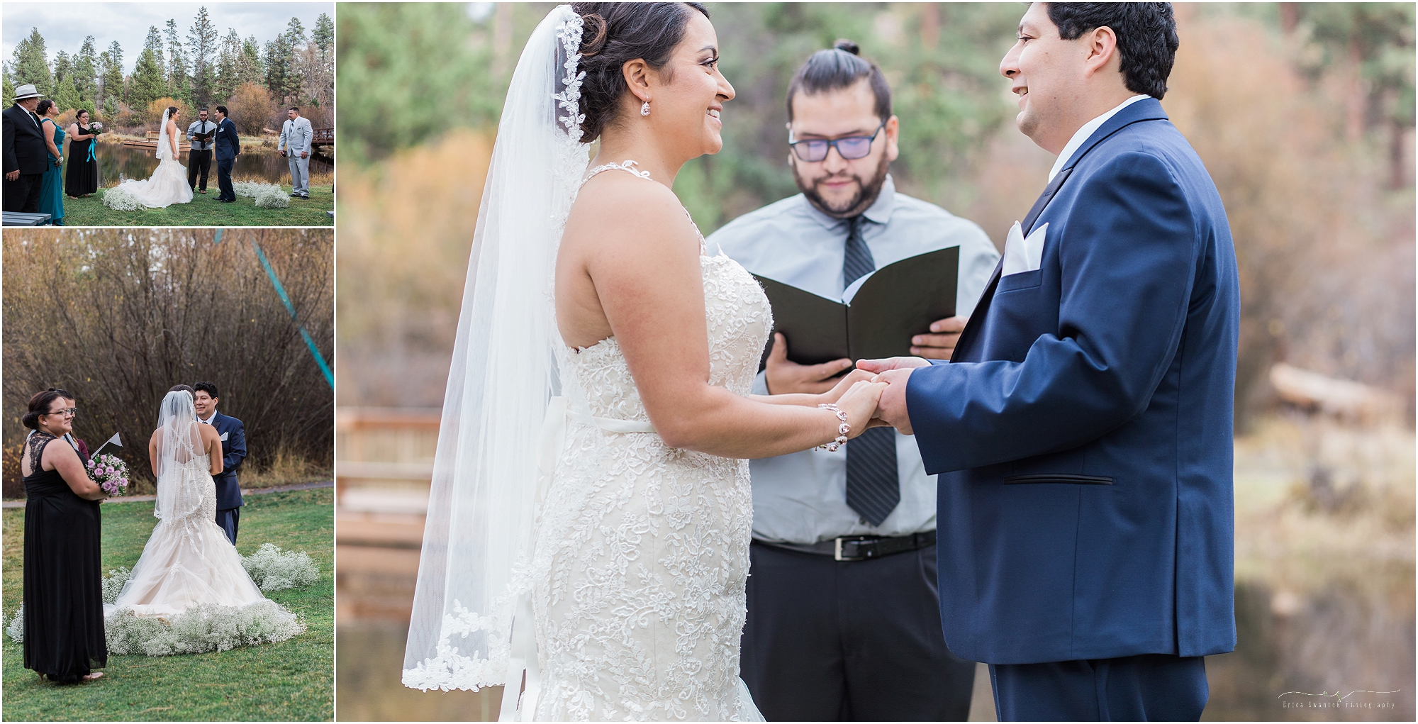 A beautiful Mexican couple recite their vows in front of friends & family overlooking the pond at Aspen Hall in Bend, Oregon. 