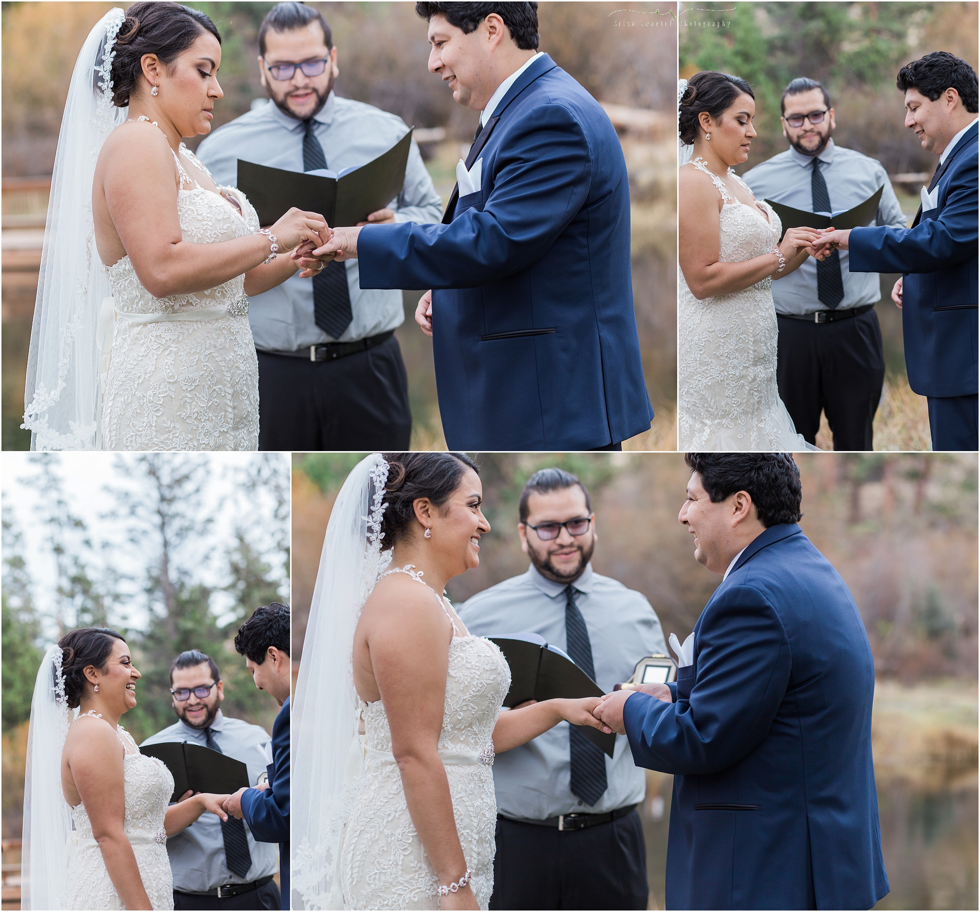 A ring exchange in the gorgeous outdoor wedding ceremony at Aspen Hall in Shevlin Park, Bend, Oregon. 