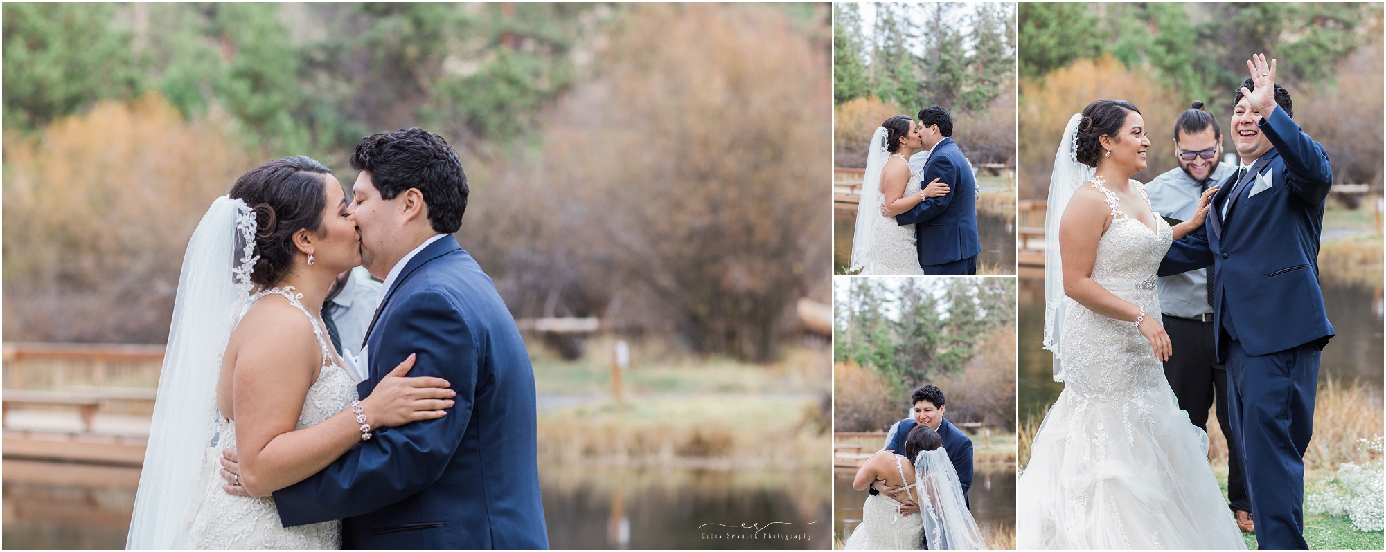 Joaquin dips his bride as he kisses her to seal the deal for their Aspen Hall outdoor Oregon wedding in Bend, Oregon. 