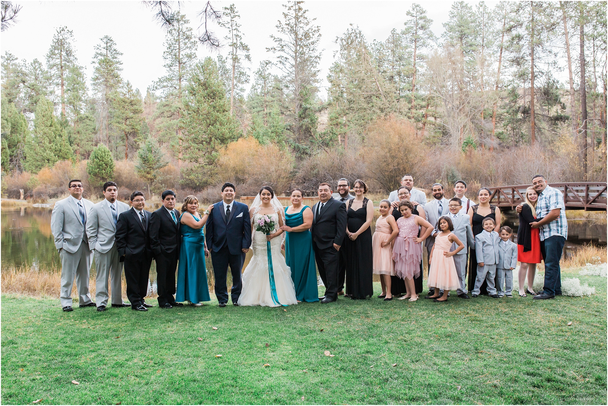 A big Mexican family at this Aspen Hall outdoor Oregon wedding in Bend, Oregon. 