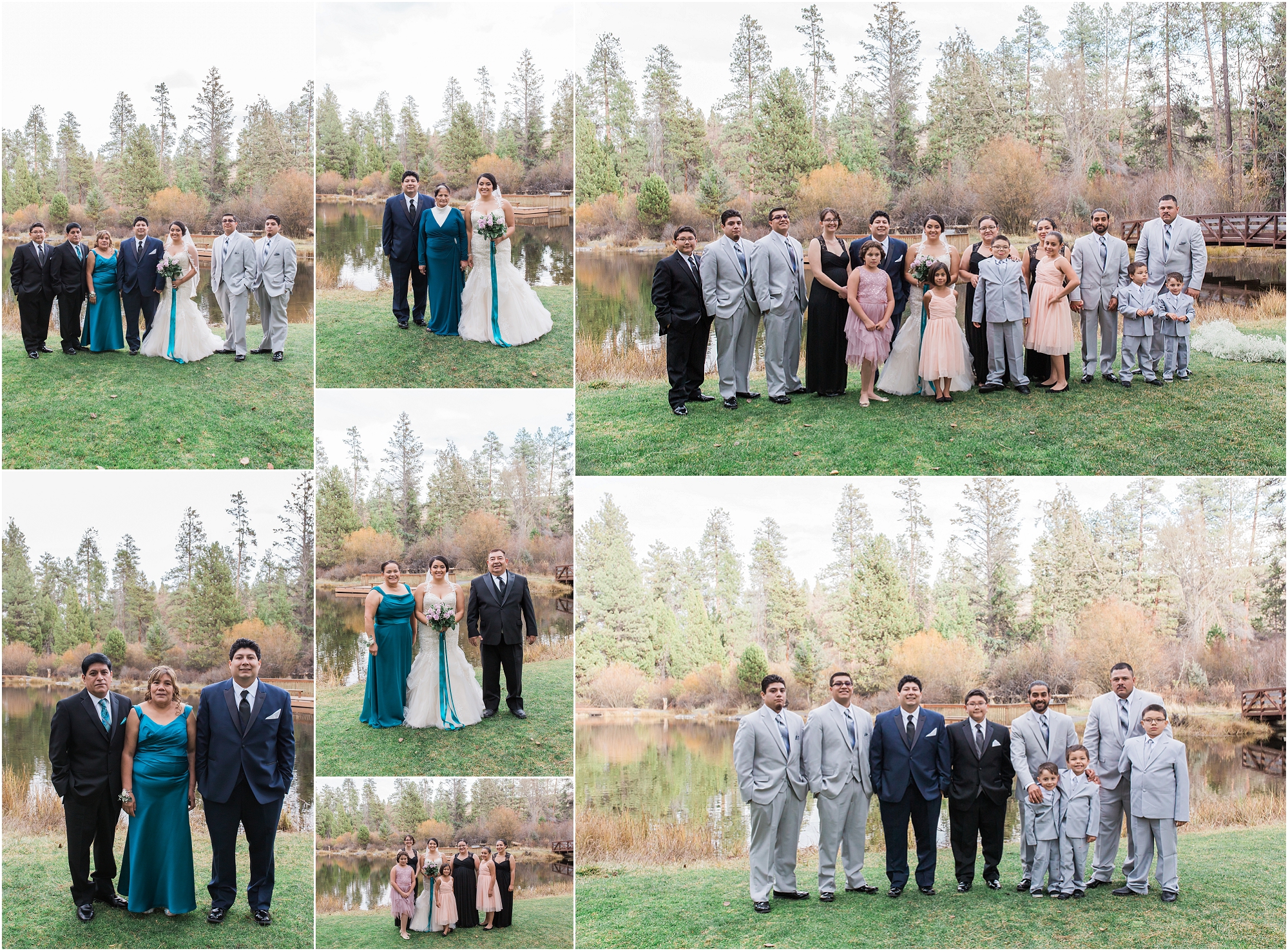Beautiful family portraits in front of the pond at this Aspen Hall outdoor Oregon wedding in Bend. 