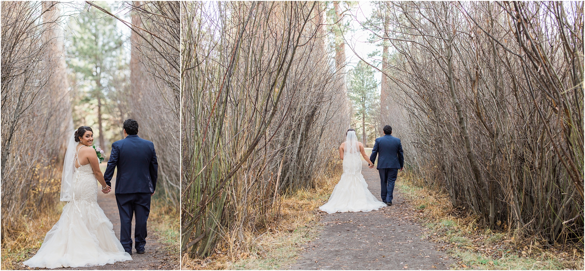 A couple walks through the willows at Aspen Hall towards Shevlin Park for their wedding portraits by Bend, Oregon wedding photographer Erica Swantek Photography. 