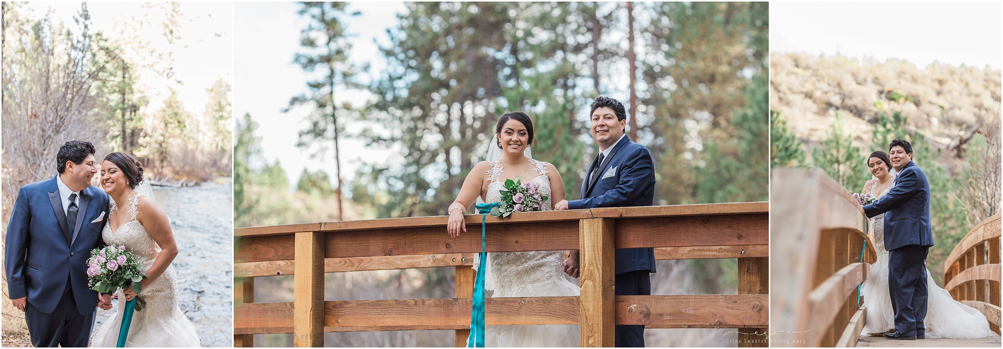 A wedding couple poses on the bridge at Shevlin Park in Central Oregon. 