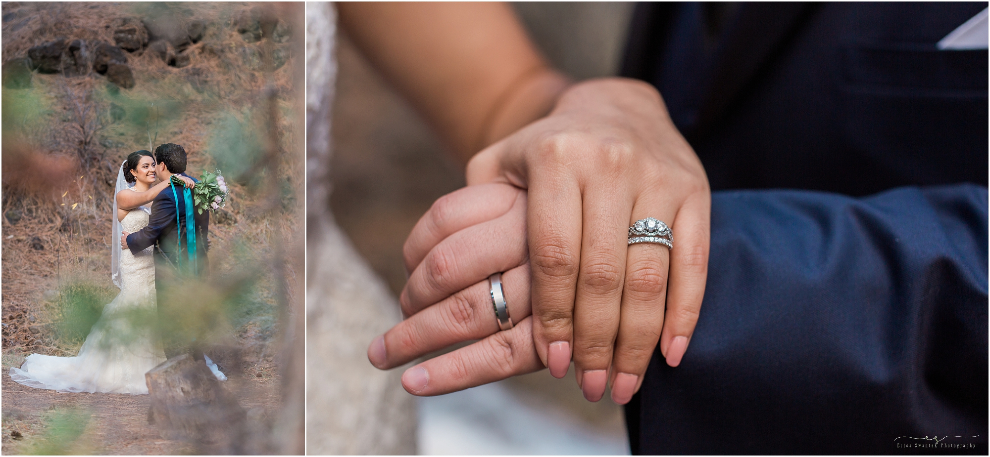 A gorgeous ring shot of the couple wearing their wedding bands after the ceremony at this Aspen Hall outdoor Oregon wedding in Bend. 