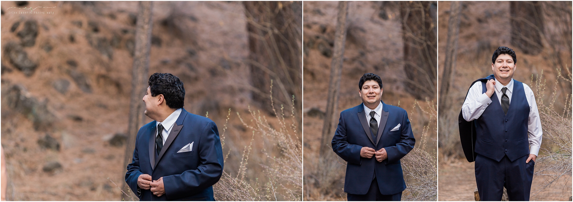 A handsome groom posing for some formal portraits at his wedding in Central Oregon. 