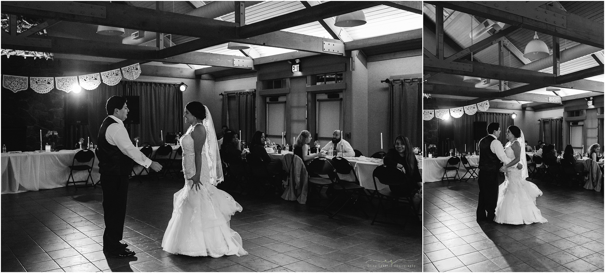 The wedding couple enjoys their first dance surrounded by friends and family at Aspen Hall in Bend, Oregon. 