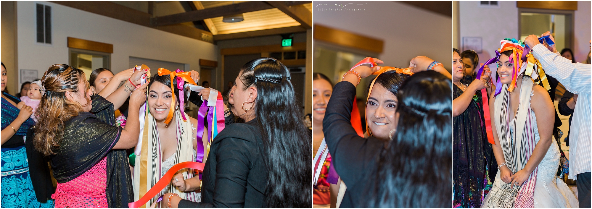 Colorful ribbons are tied into the bride's hair at this Mexican family wedding at Aspen Hall in Bend, OR. 