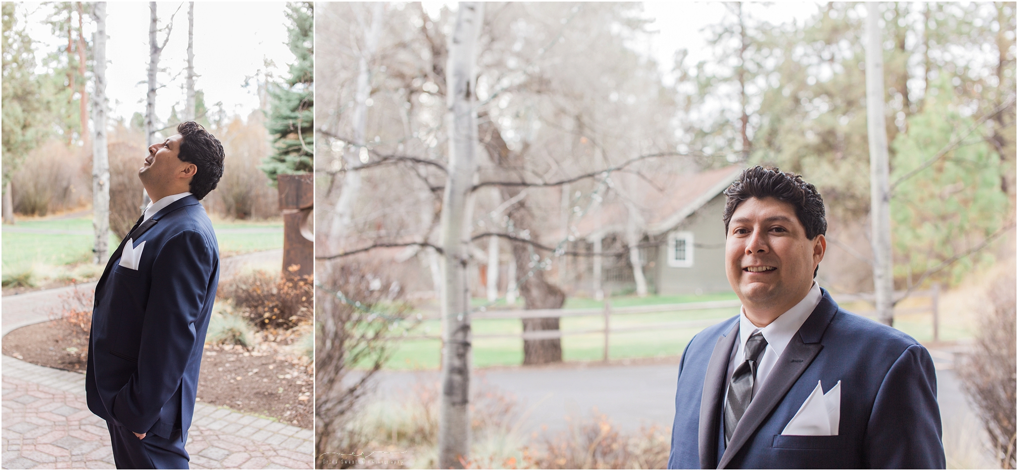 A handsome Mexican groom wearing an amazing blue suit stands outside of Aspen Hall before his wedding ceremony. 