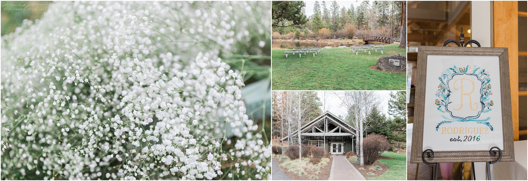 A beautiful early winter wedding, outdoors on the grass if front of the pond, with benches and a baby's breath alter. 