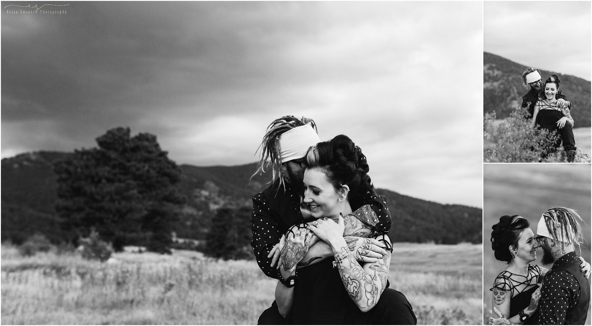 Timeless black and white photography of this moody styled engagement session in the Rocky Mountains of Colorado with photographer Erica Swantek. 