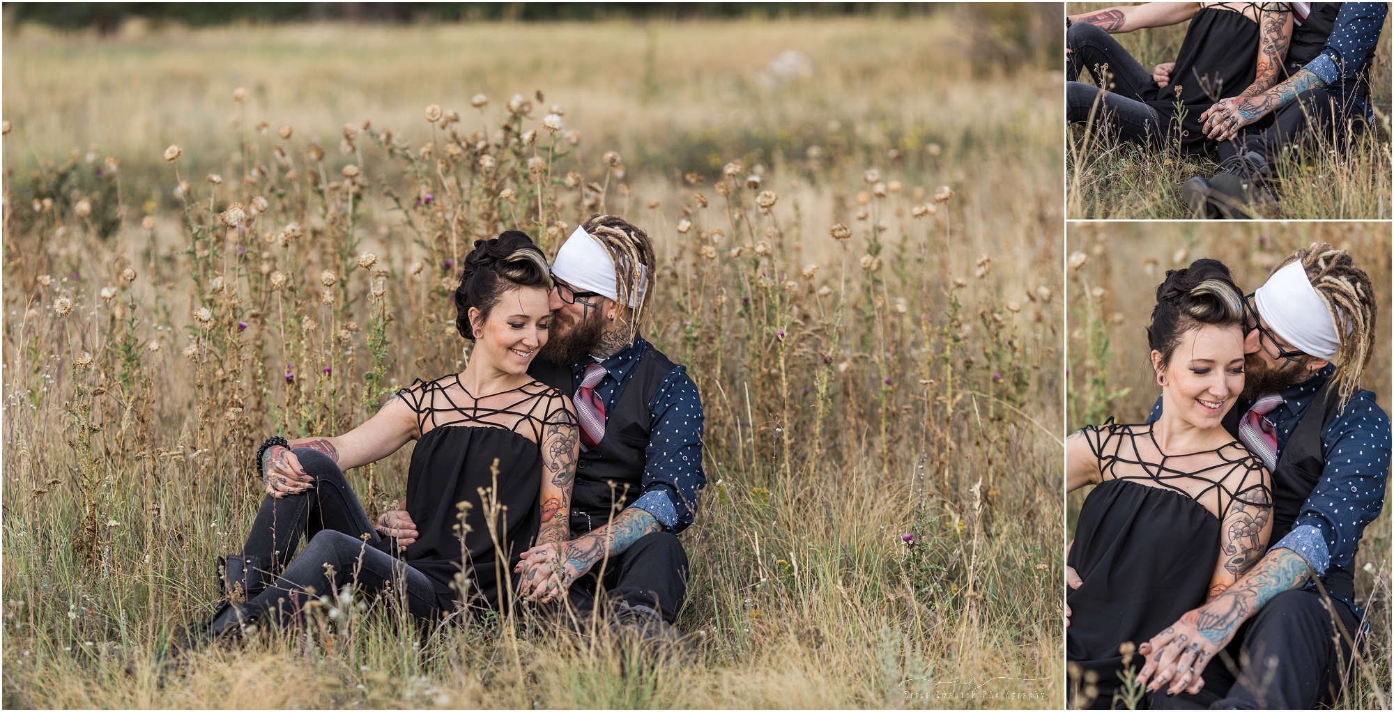 These free-spirited, tattooed, lovers are snuggling into each other during their Colorado Rocky Mountain styled engagement shoot in Evergreen. 