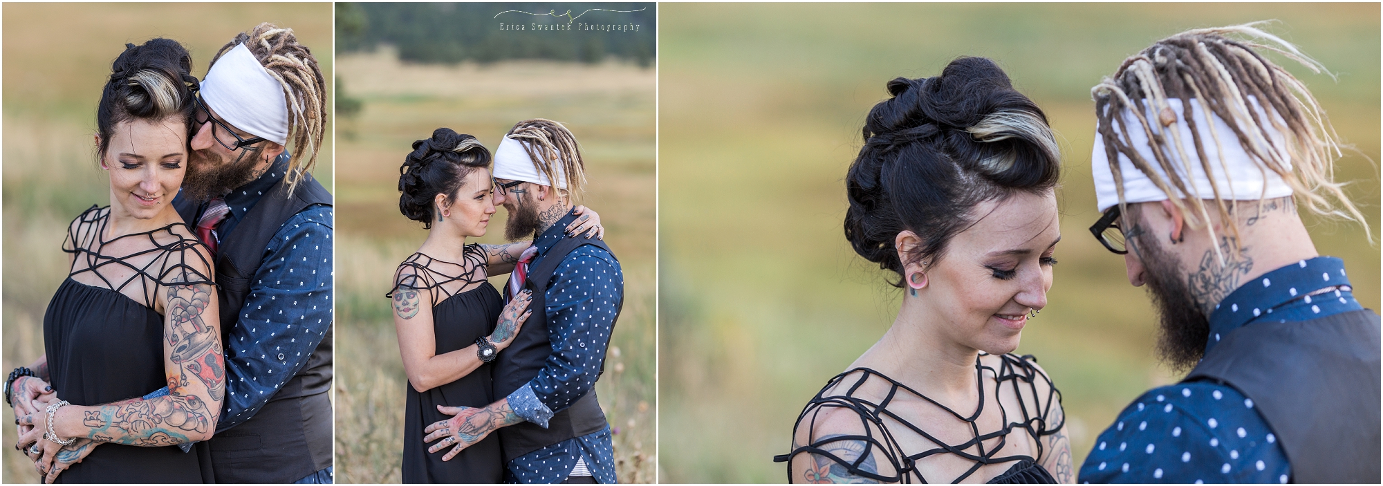 A couple has a steamy kiss at their Colorado Rocky Mountain engagement shoot in Evergreen. 