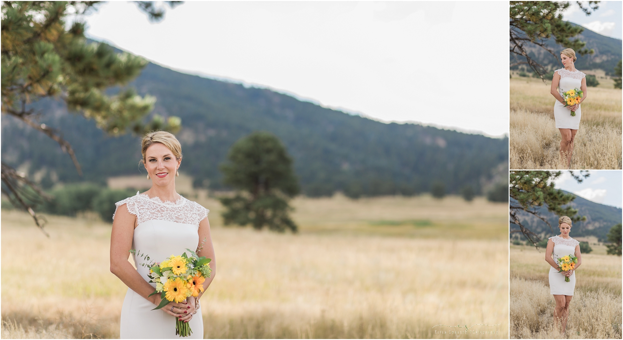 An absolutely stunning bride wearing a knee length body hugging white dress in a mountain meadow with tall grass and a beautiful mountain backdrop at this Evergreen CO photographers shootout event. 