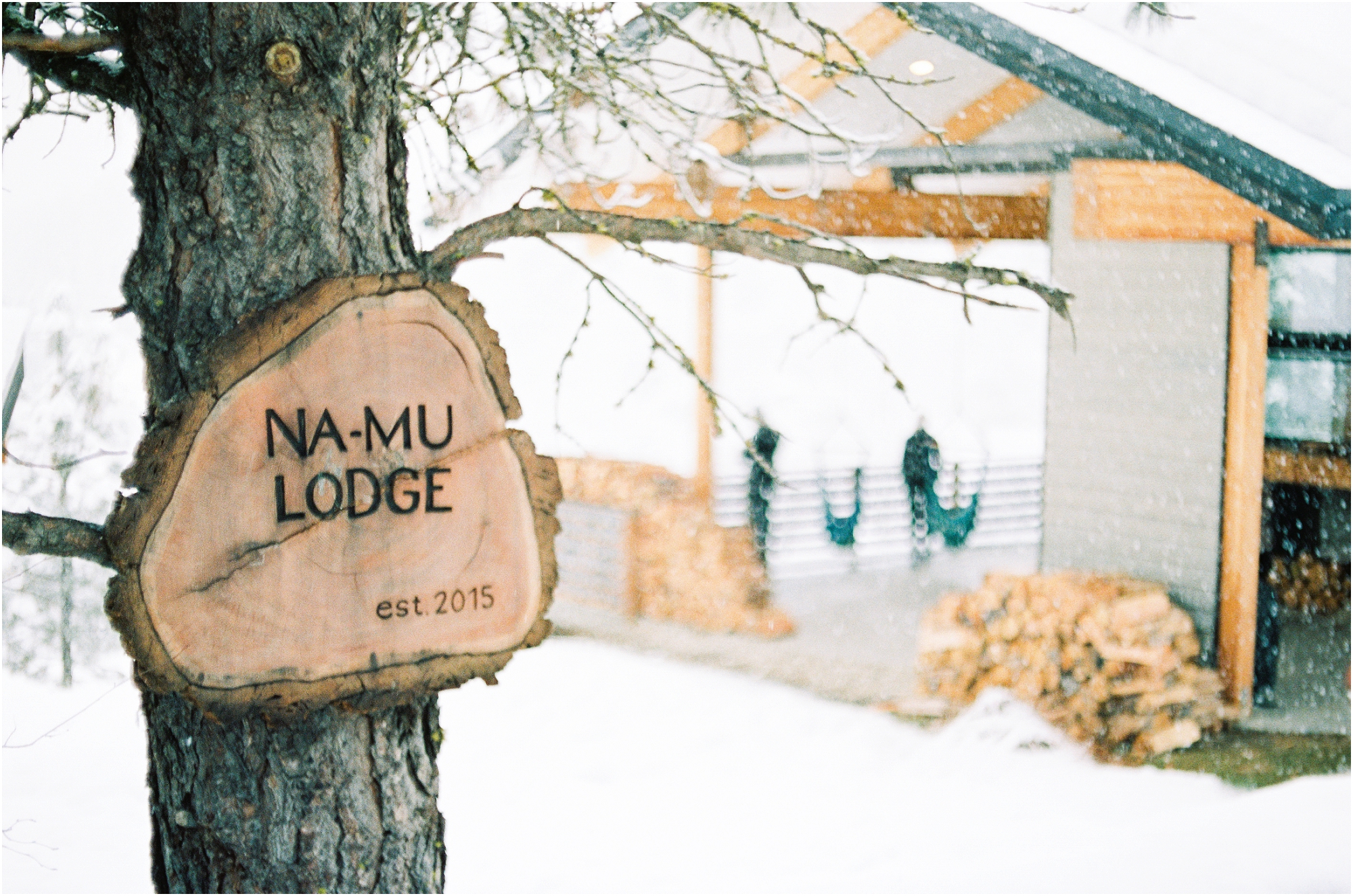 A film image of the Namu Lodge by Erica Swantek Photography at a snowy wedding workshop, the Cascade Workshop in Leavenworth, WA.
