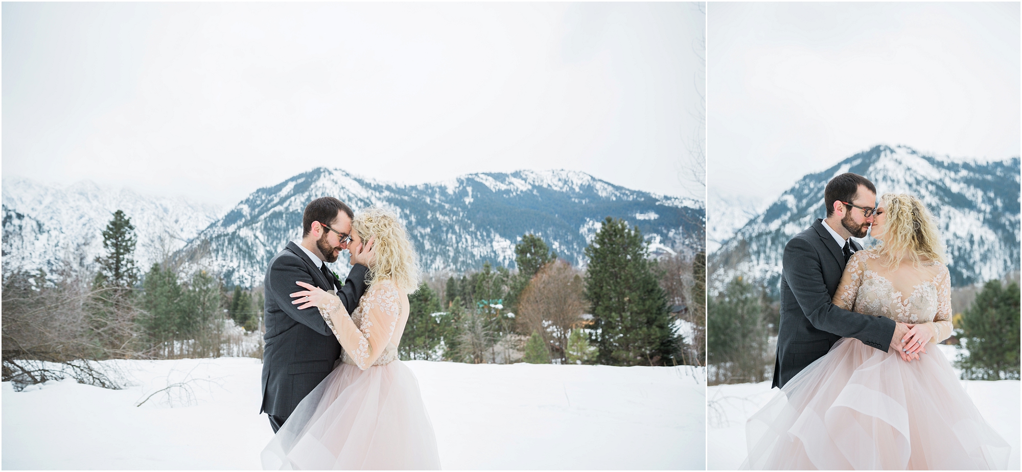 A bride wears a blush gown at this winter styled shoot by Bend OR wedding photographer Erica Swantek.