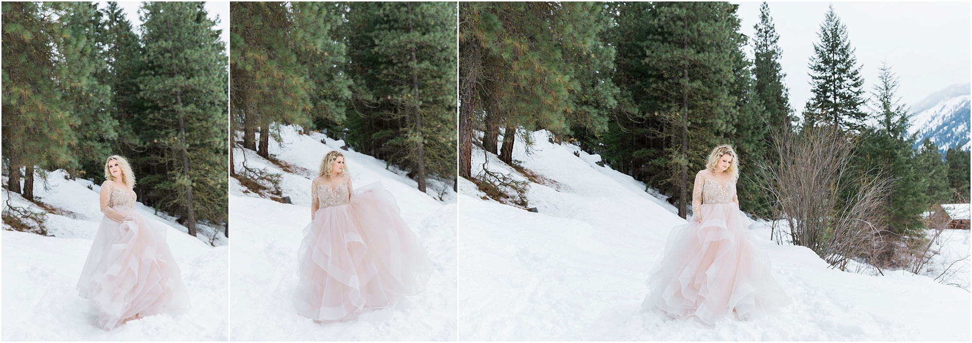 A gorgeous winter bride wears a blush gown at the Cascade workshop. 