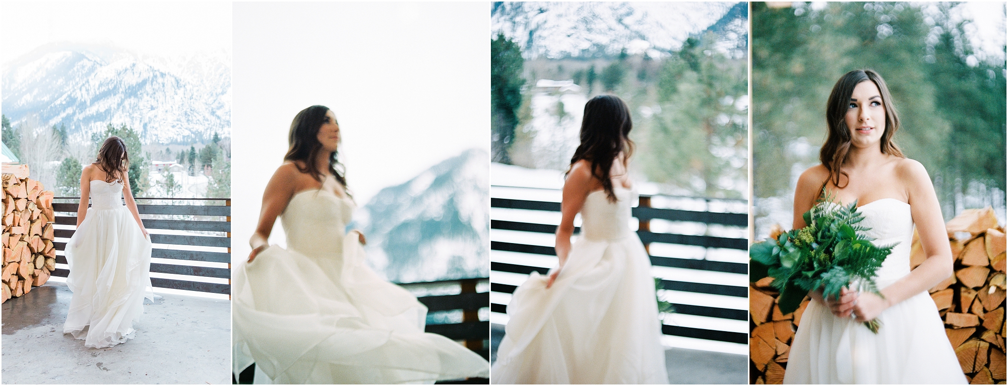 A gorgeous winter bride in white twirling her gown. 