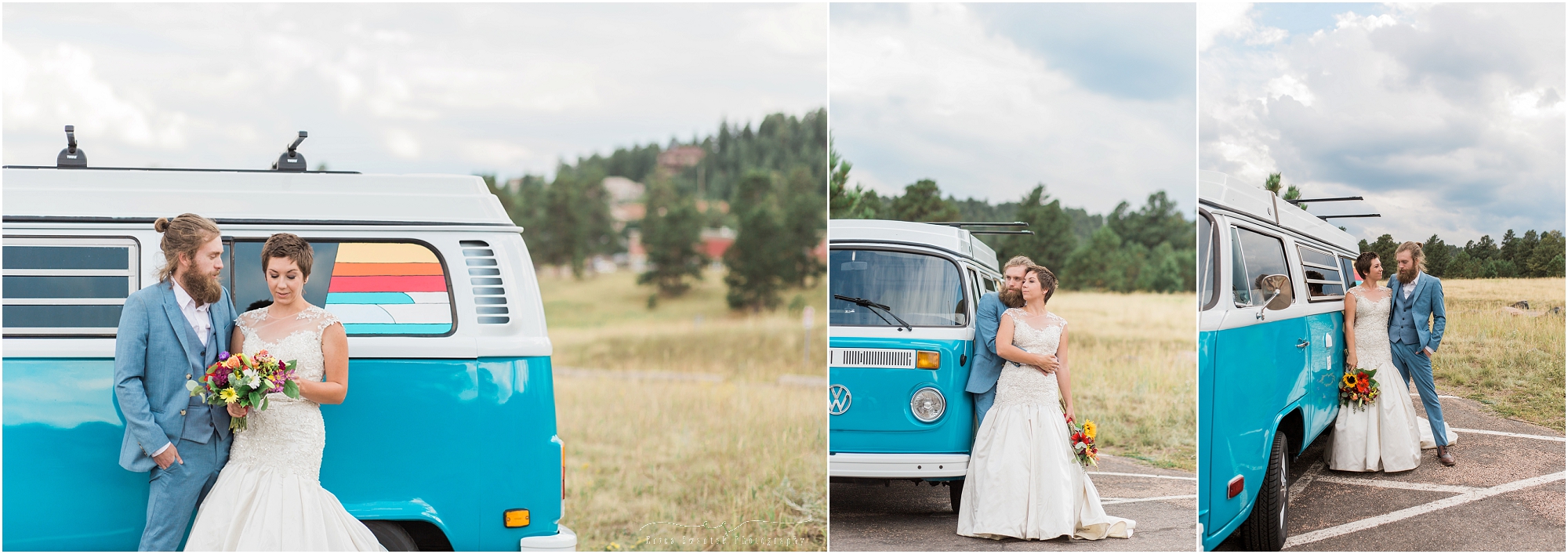A blue VW van converted into a photo booth makes for the perfect prop for this Colorado free-spirited wedding styled shoot in Evergreen by Bend, Oregon wedding photographer Erica Swantek. 