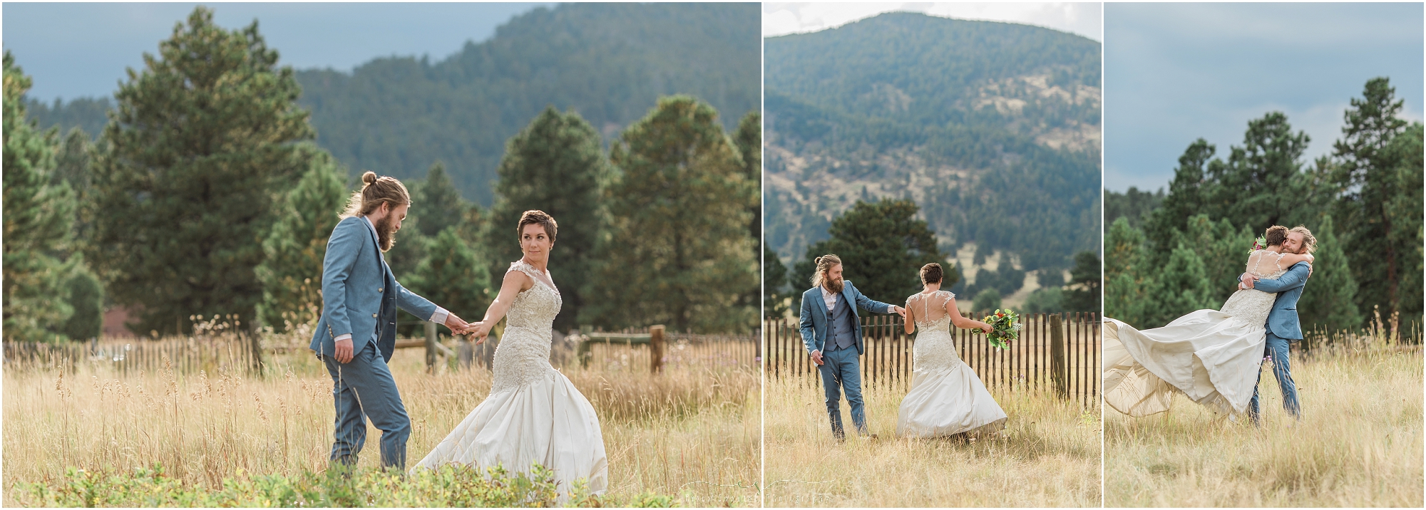 A gorgeous bride and groom spinning around a mountain meadow in Evergreen, CO. 